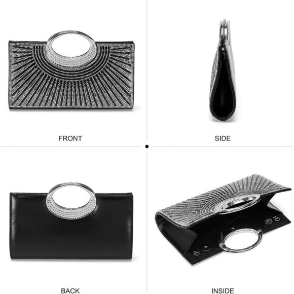 🆕Women Sparkly Black Polyester Rhinestone Clutch Evening Bag Shoulder Chain - Picture 3 of 7